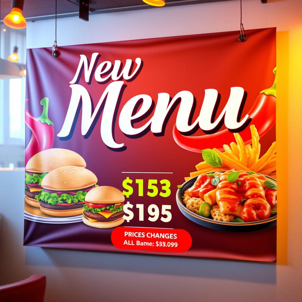 An eye-catching banner design for a vibrant restaurant announcing its new menu and prices