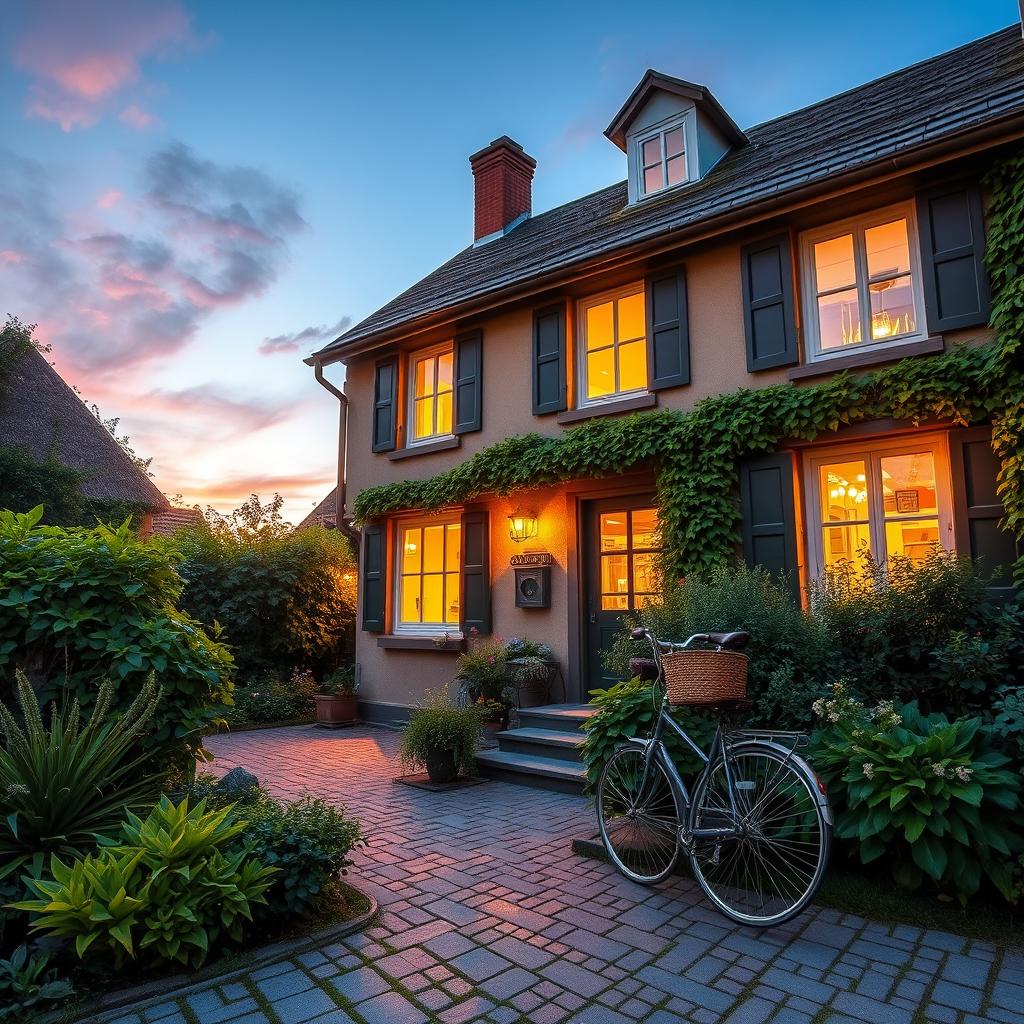 A charming village house with warm lights glowing from the windows, showcasing a cozy and inviting atmosphere