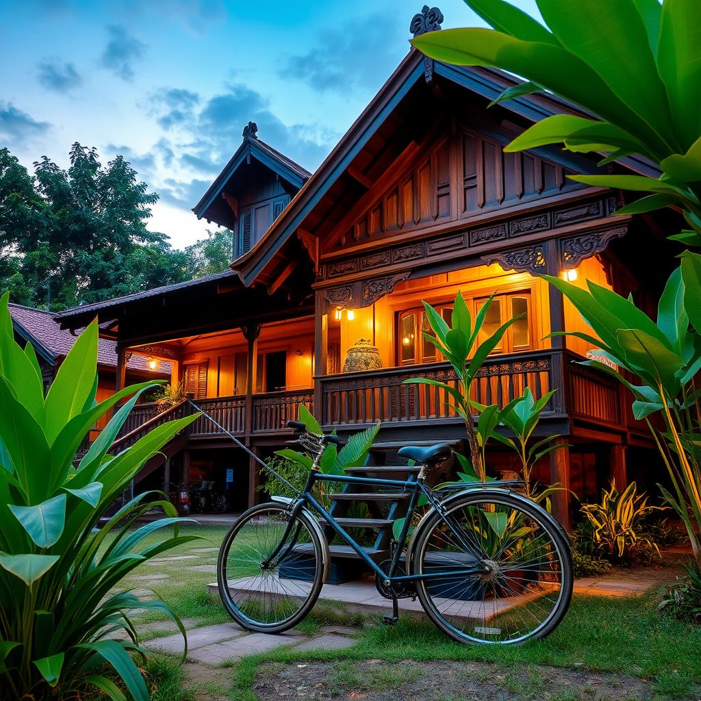 A picturesque Malaysian traditional village house, characterized by its wooden structure, raised on stilts, and intricate carvings