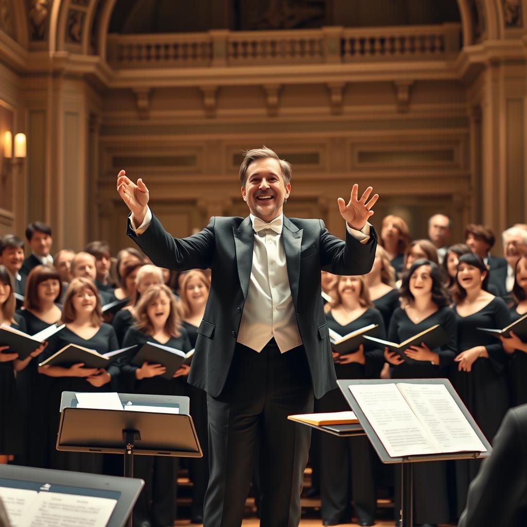 A dynamic scene of Niels Burgmann passionately conducting a choir, standing in front of an enthusiastic group of singers
