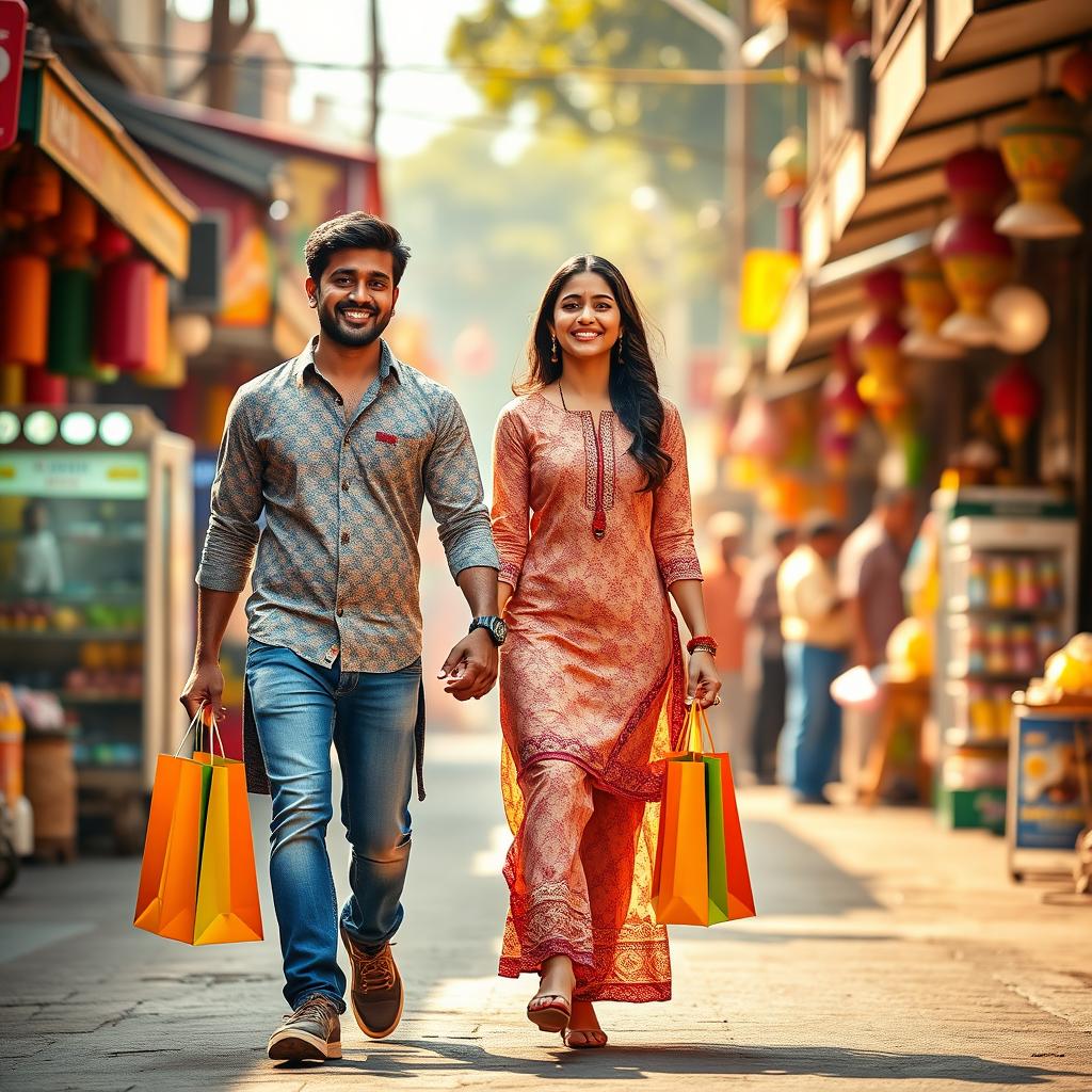 A portrait-oriented cinematic film poster depicting a joyful Maharashtrian couple of the same height, happily walking hand in hand on a vibrant street after a delightful shopping experience