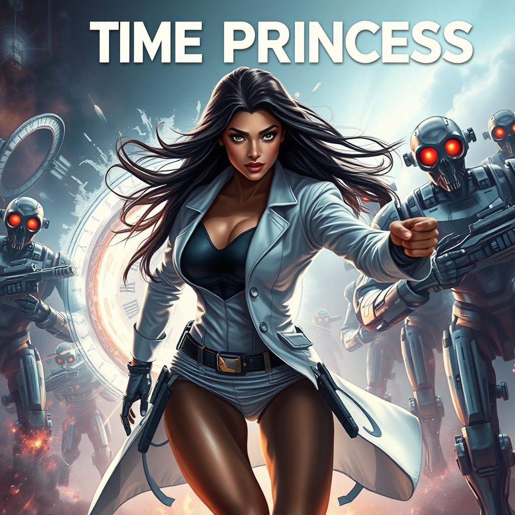 A stunning Indian girl with long flowing hair, possessing time-controlling powers, wearing a sleek, futuristic scientist outfit