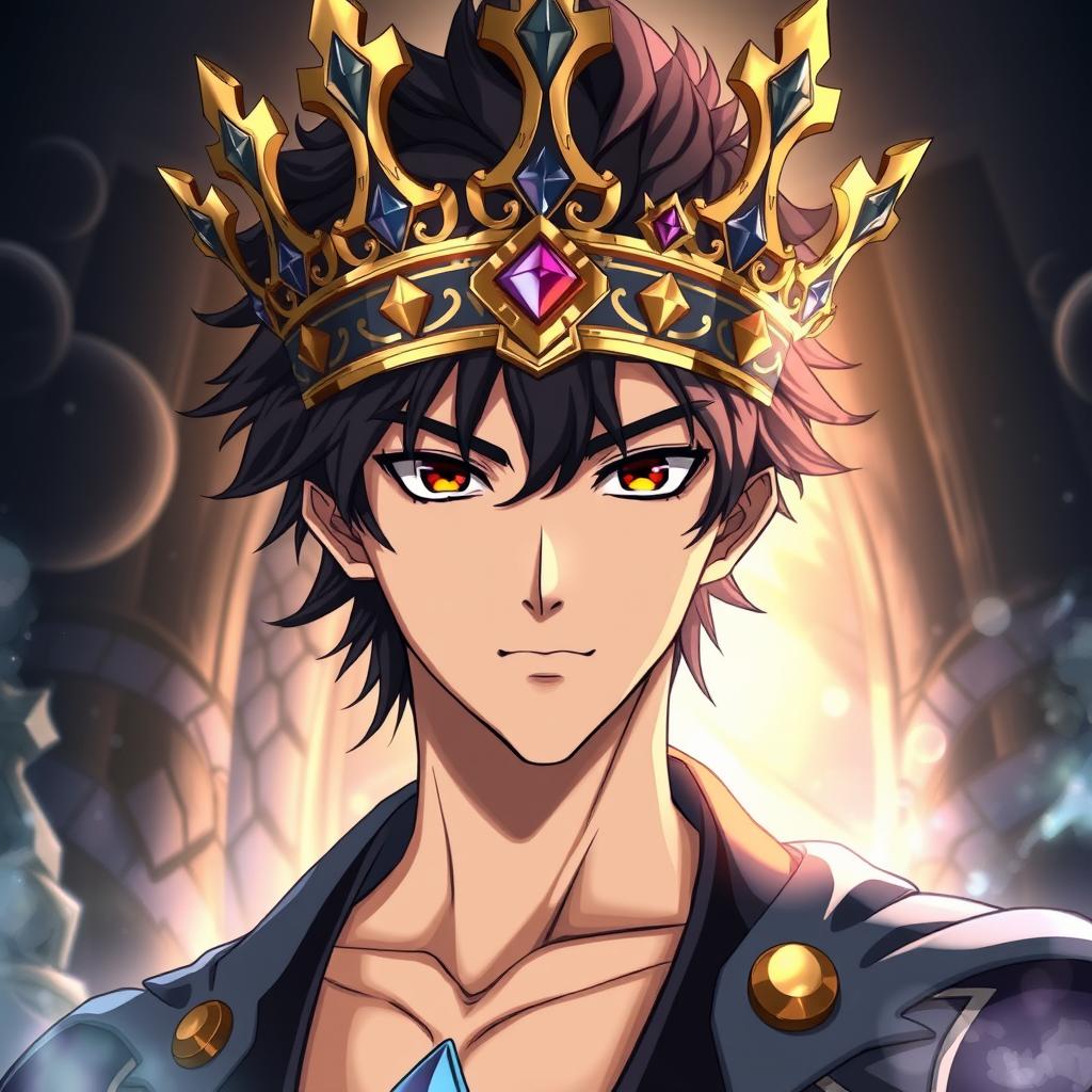 A powerful and handsome young man resembling Sung Jin-Woo from the anime "Solo Leveling" wearing a magnificent royal crown