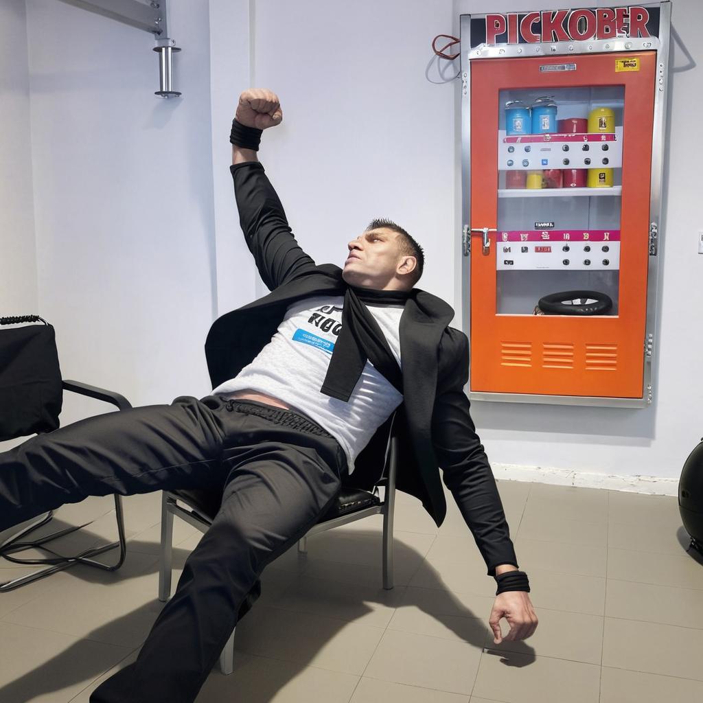 Two kickboxer is punch that men. He is falling from chair to the floor. Realistic.