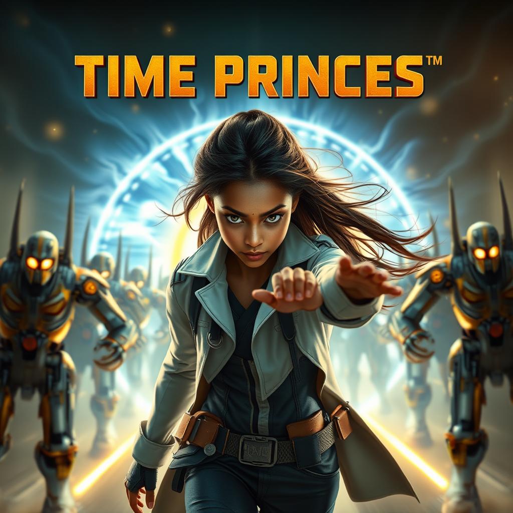 A beautiful Indian girl with enchanting features and long, flowing hair, showcasing her time-controlling powers, is dressed in a sleek scientist outfit that combines elements of modern sci-fi