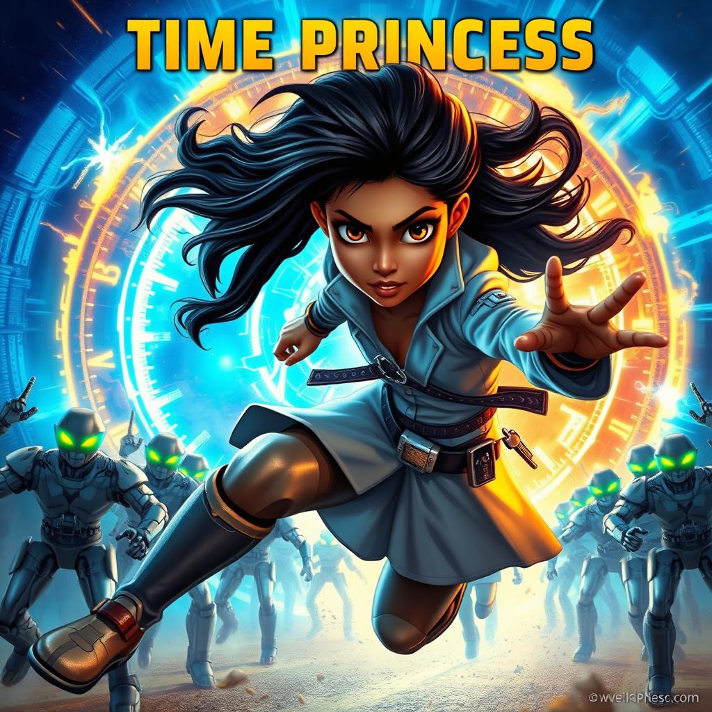 An enchanting Indian girl with captivating features and long hair, demonstrating her extraordinary time-controlling powers, dressed in a stylish scientist outfit with futuristic elements