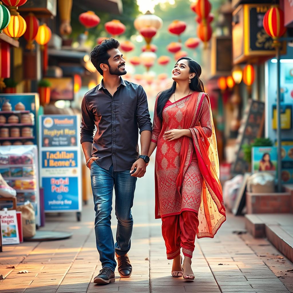 A portrait-oriented cinematic film poster depicting a joyful Maharashtrian couple of the same height walking hand in hand on a charming street after a delightful shopping experience