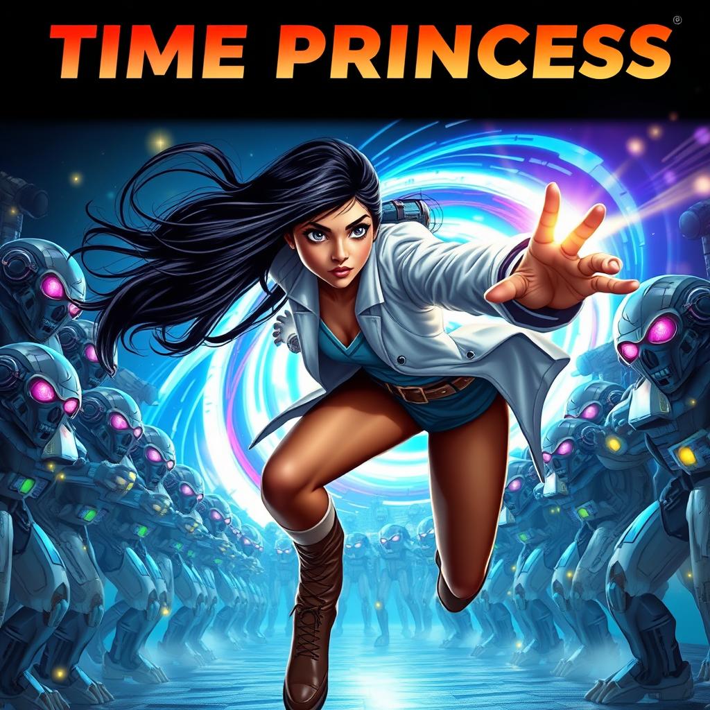 An Indian girl with striking beauty and long flowing hair, showcasing her time-controlling powers, dressed in a stylish and advanced scientist outfit that blends futuristic elements with practicality