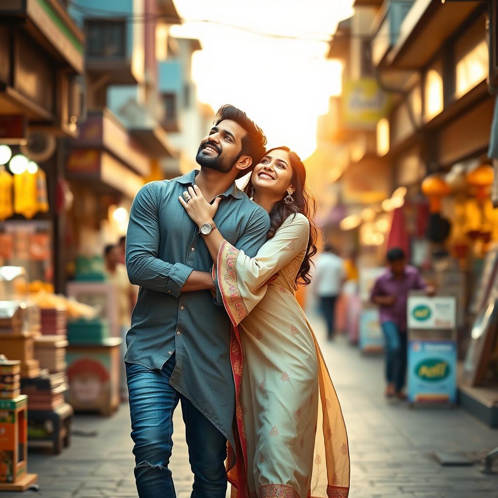 A portrait-oriented cinematic film poster featuring a joyful Maharashtrian couple of the same height, happily walking on a charming street after a delightful shopping day