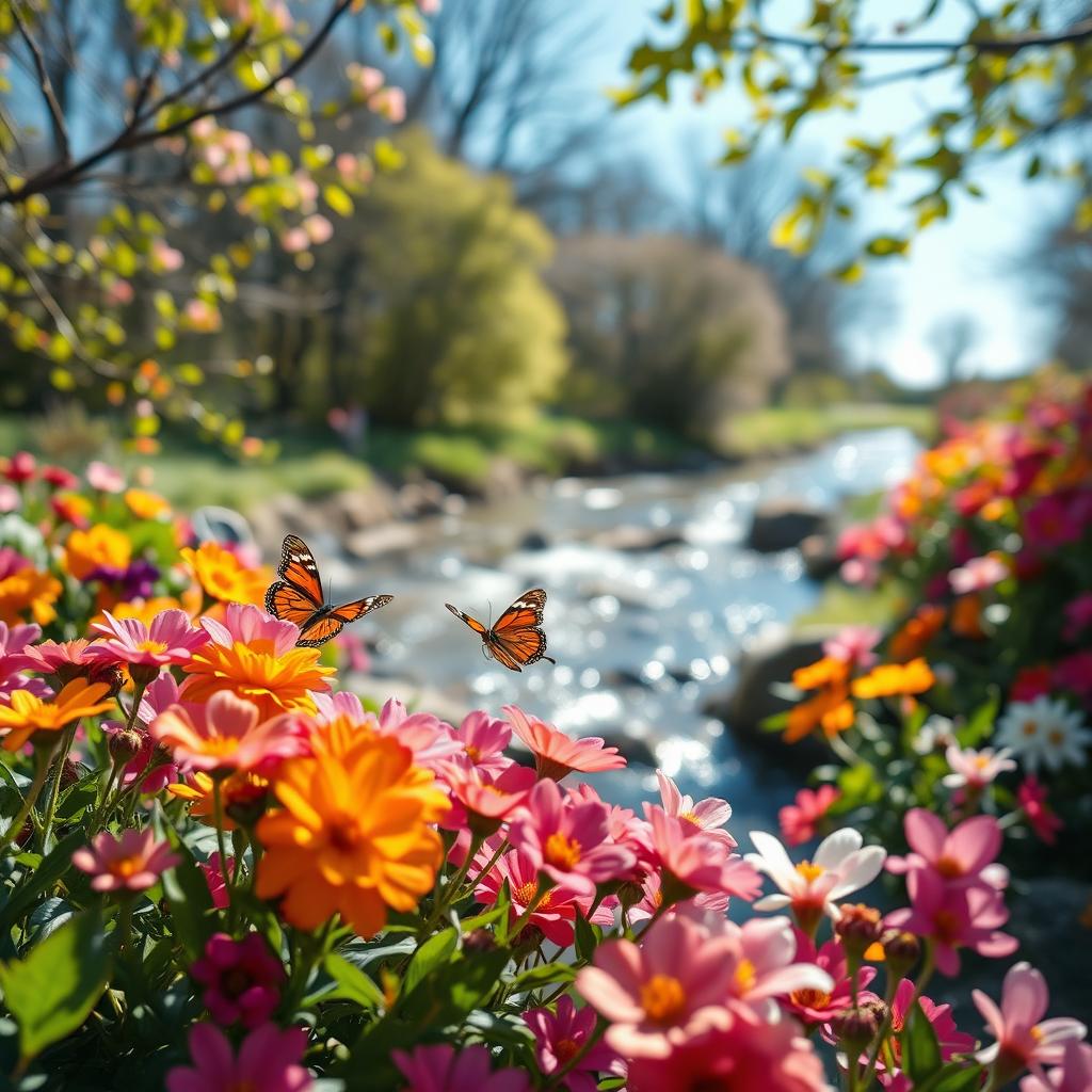 A beautifully composed image of a serene outdoor scene featuring a lush garden filled with vibrant flowers in full bloom under a bright blue sky