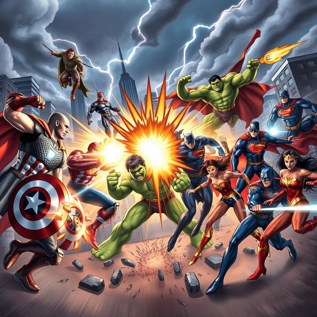 An epic crossover battle scene featuring iconic superheroes from the Avengers and the Justice League clashing in a dramatic urban environment