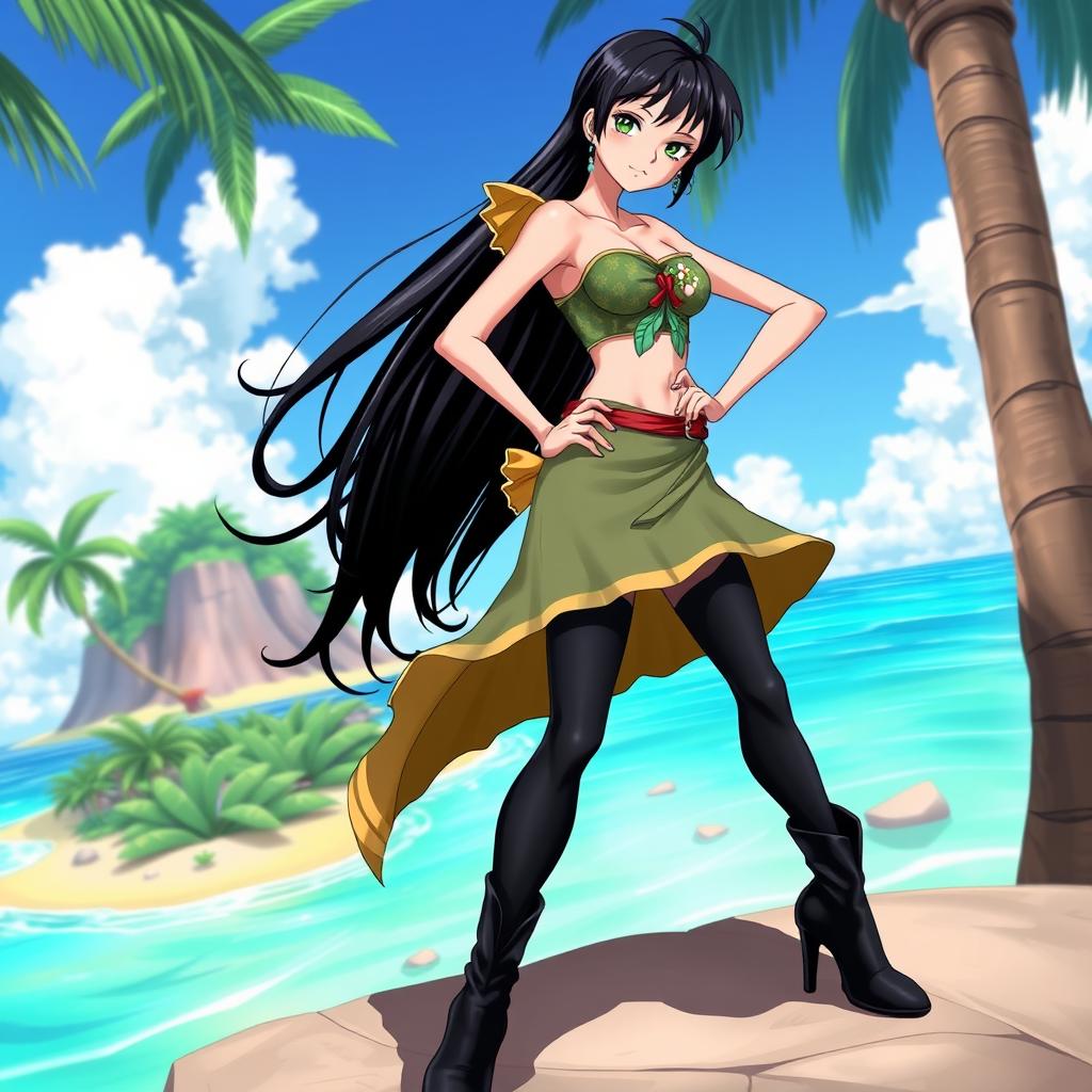 A detailed and dynamic illustration of Nico Robin from the anime One Piece, showcasing her iconic long black hair and delicate features