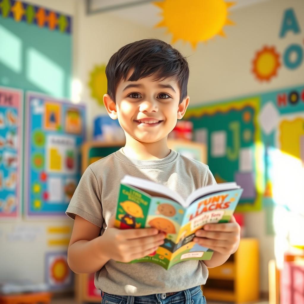 An elementary school boy with black hair and brown eyes holding a colorful book in his hands, standing in a bright and cheerful classroom filled with educational posters and vibrant decorations