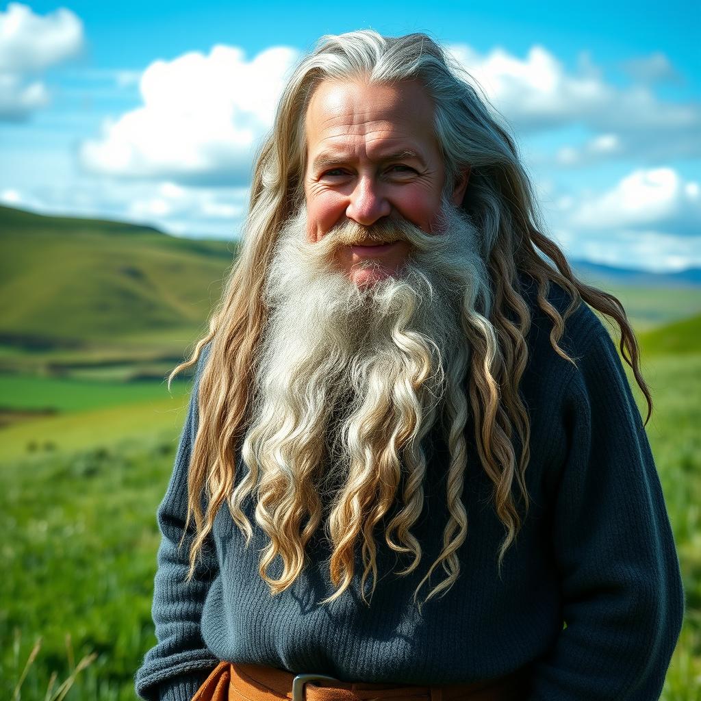 A full-body portrait of an old Irish man with a long, flowing grey beard and hair, standing proudly in a lush green field