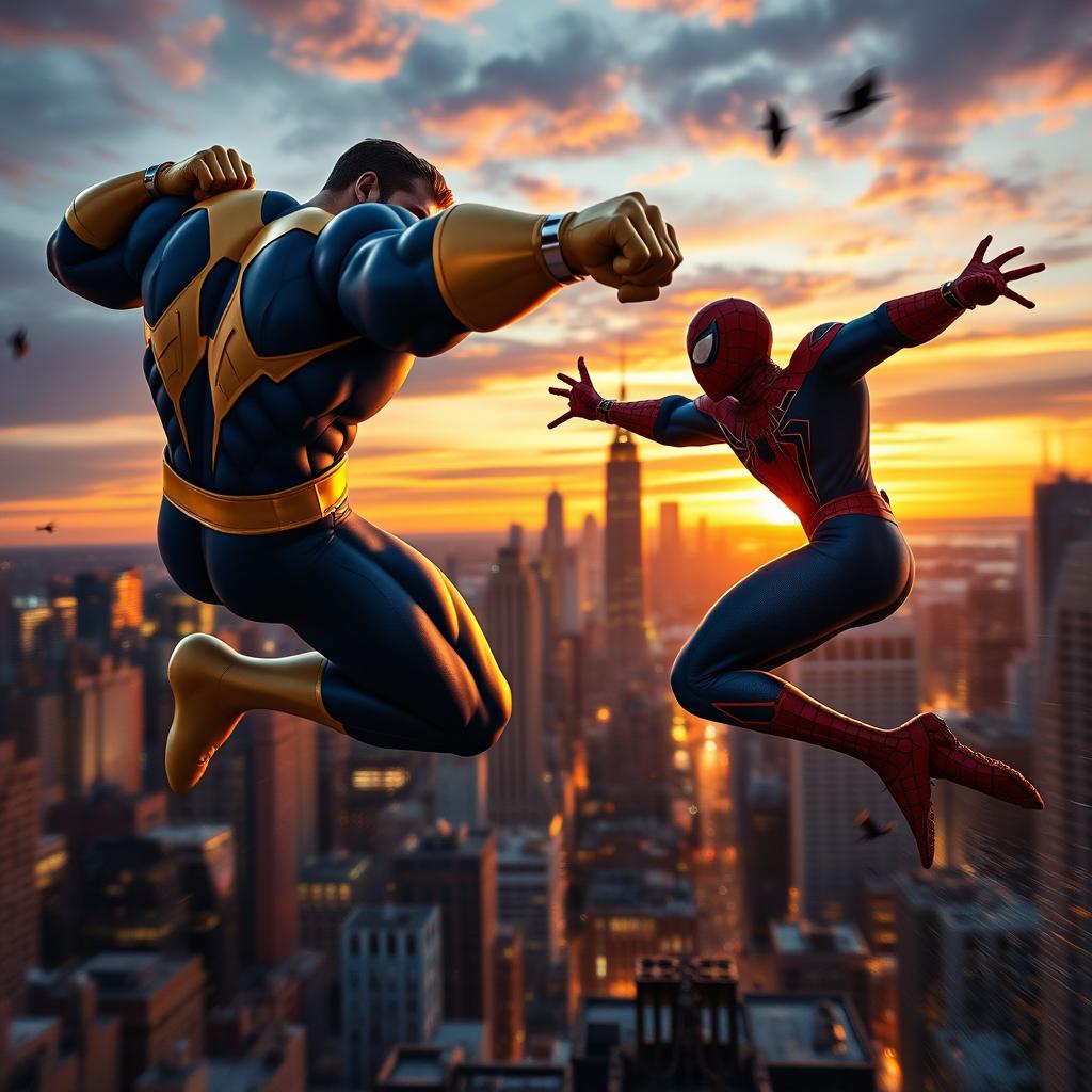 A dramatic cinematic scene featuring an epic fight between Invincible, a muscular superhero with a bold blue and yellow costume, and Spider-Man, known for his agile movements and iconic red and blue suit