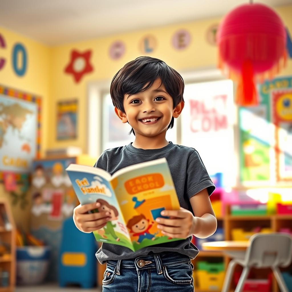 An elementary school boy with black hair and brown eyes holding a colorful book in his hands, standing in a bright and cheerful classroom filled with educational posters and vibrant decorations