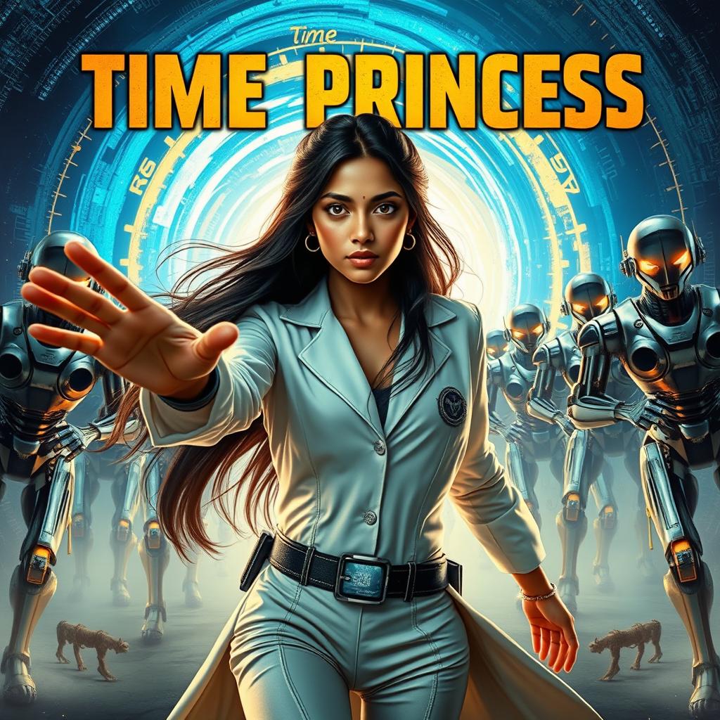 An exquisite Indian girl with stunning features and long, flowing hair, exhibiting her extraordinary time-controlling powers