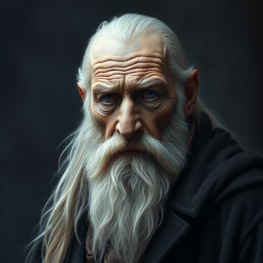 An old man with a wrinkled, expressive face and piercing eyes that convey deep wisdom and untold stories