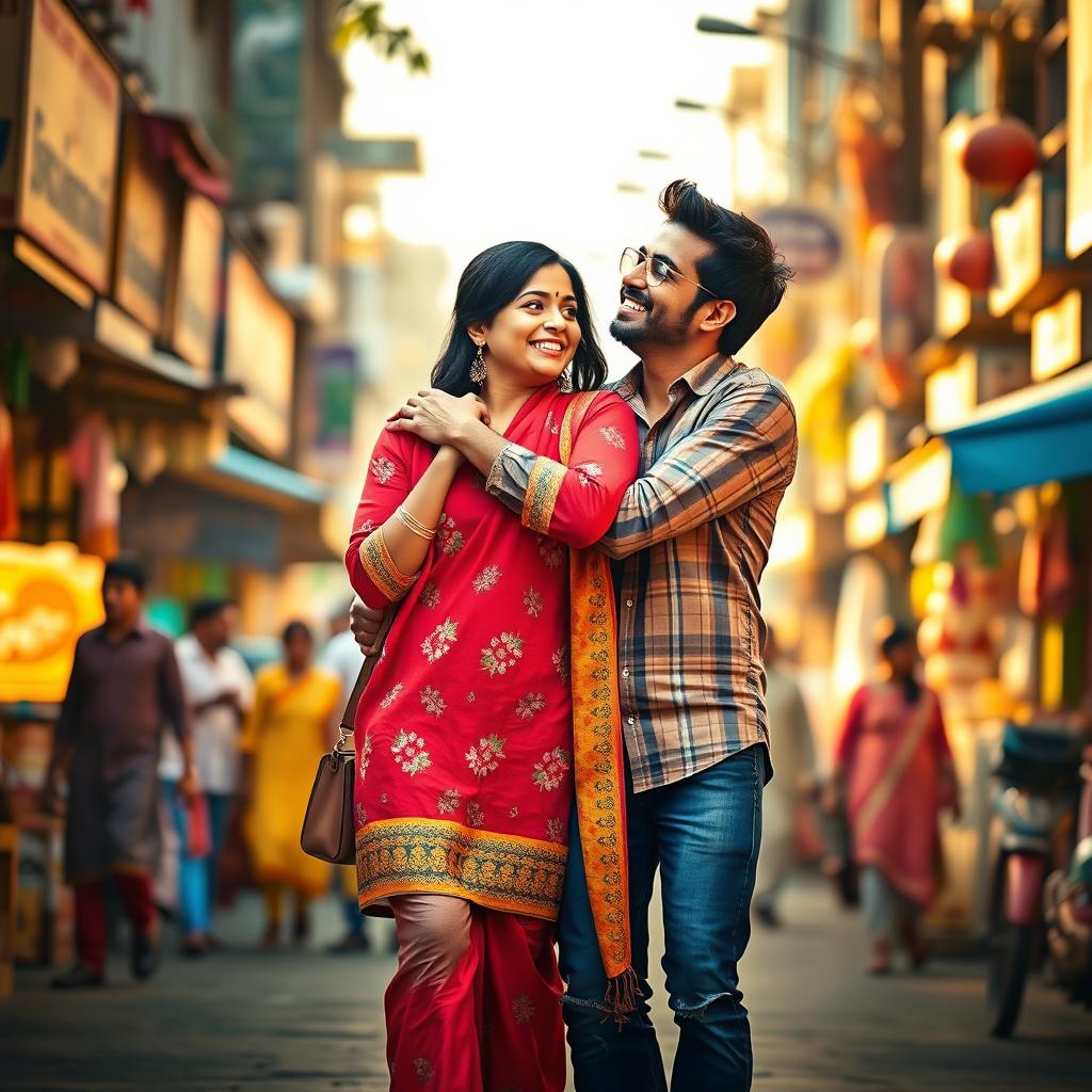 A portrait-oriented cinematic film poster featuring a joyful Maharashtrian couple of the same height, happily walking together on a lively street after a delightful shopping trip