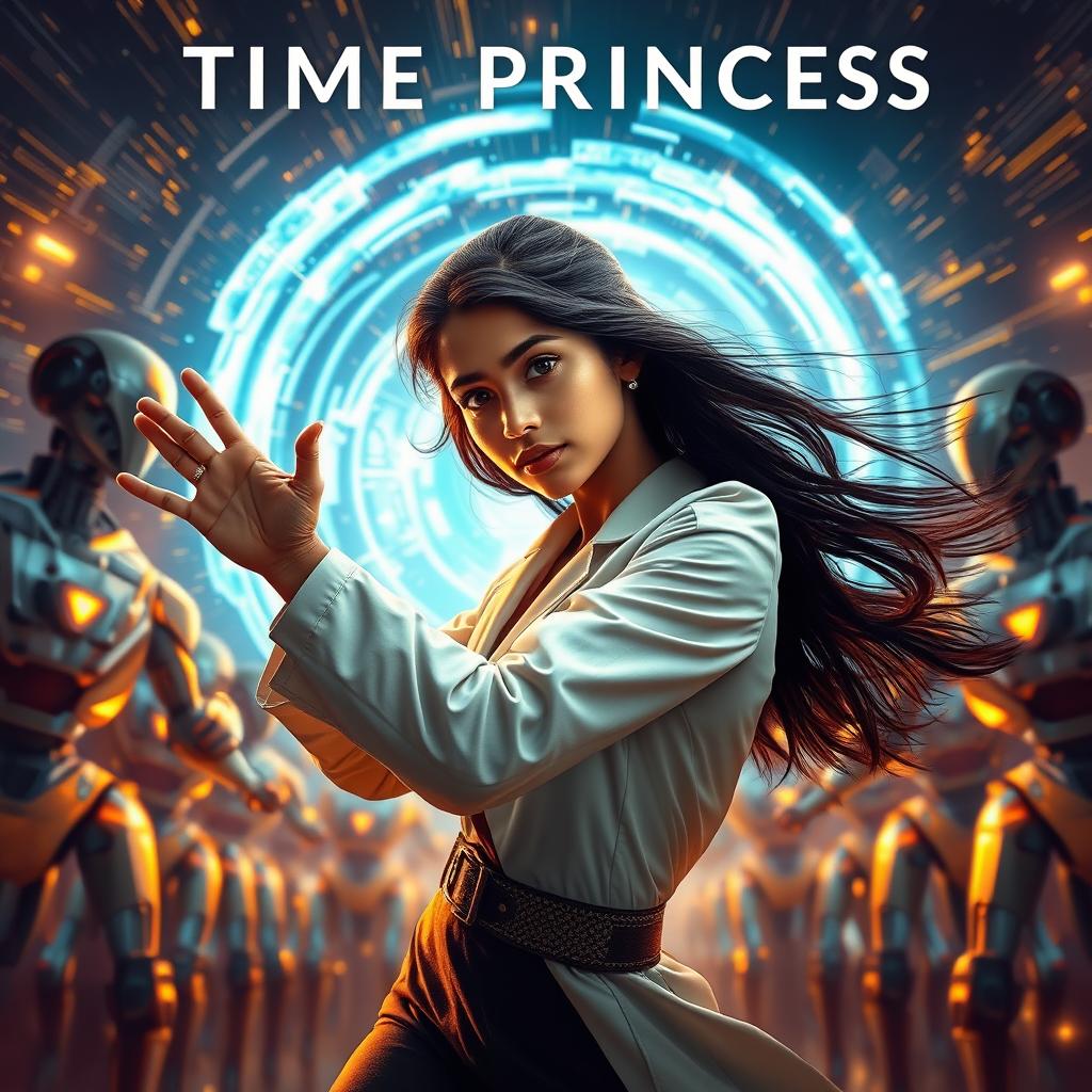 A striking Indian teenage girl with mesmerizing features and long flowing hair, showcasing her remarkable time-controlling powers, dressed in a full scientist outfit that combines elegance with advanced technology