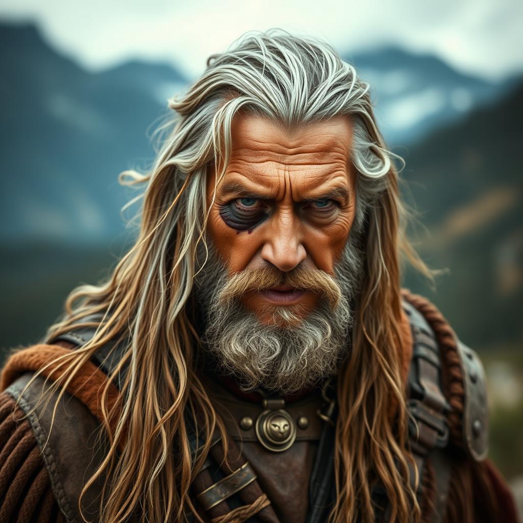 An aged warrior man in his 50s with long flowing hair, a rugged and weathered appearance, showcasing a fierce expression