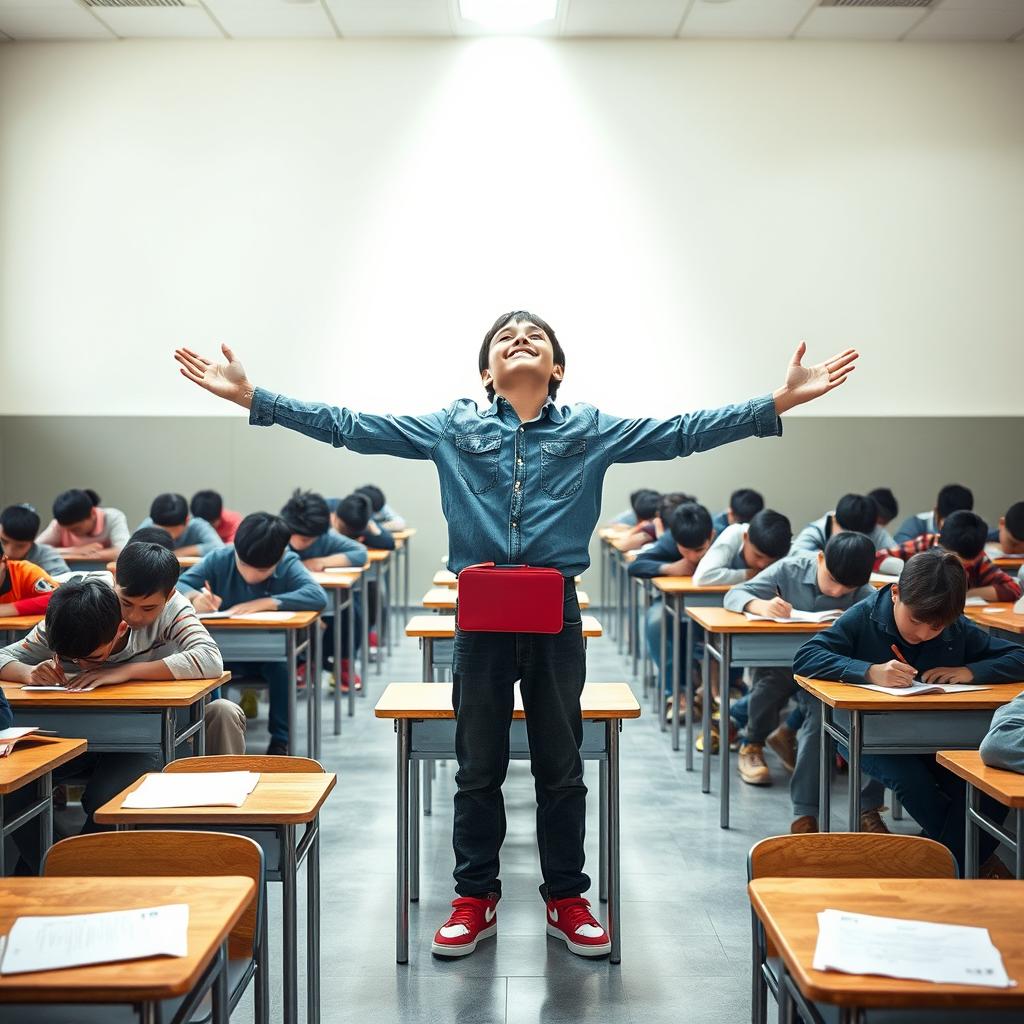 A classroom filled with individual desks where boys are taking an exam