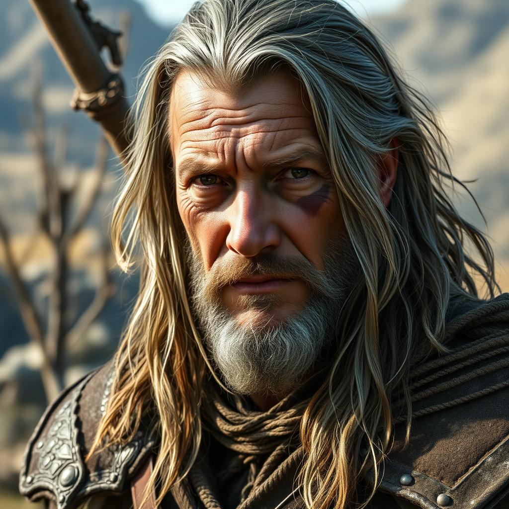 A realistic portrait of a man in his 50s, embodying the essence of an old warrior
