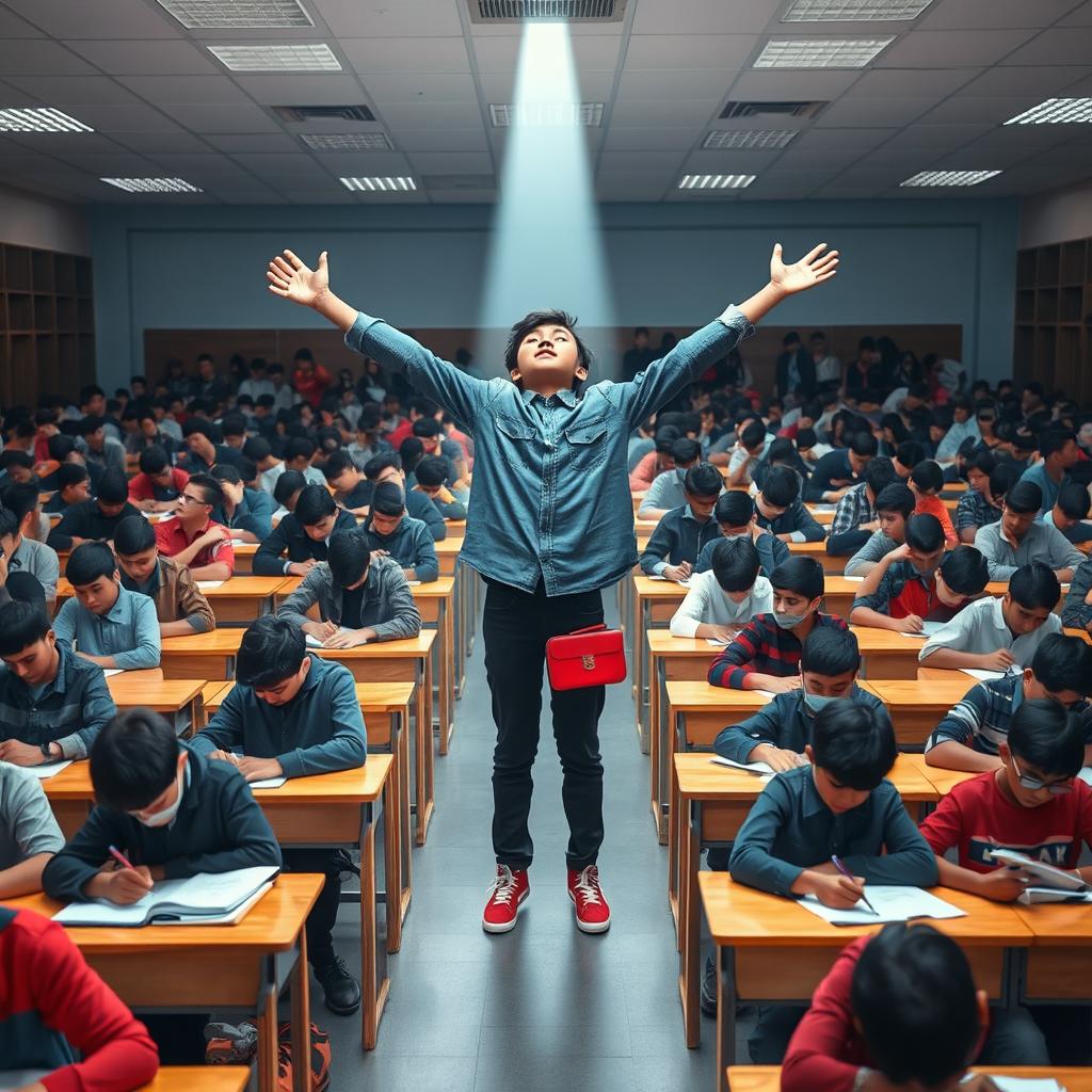 A large crowded classroom filled with individual desks, where boys around the age of 15, approximately 175 cm tall, are busy taking an exam