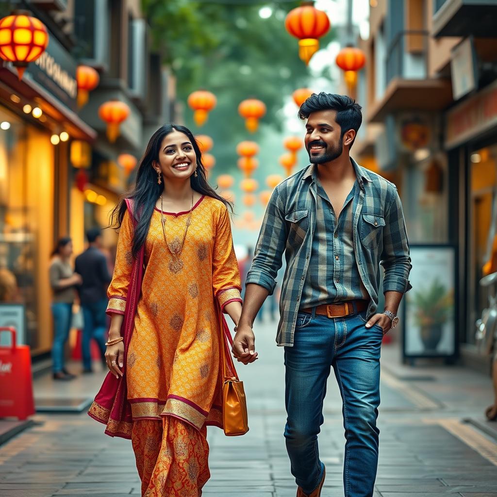 A portrait-oriented cinematic film poster showcasing a happy Maharashtrian couple of the same height walking together on a lively street after shopping