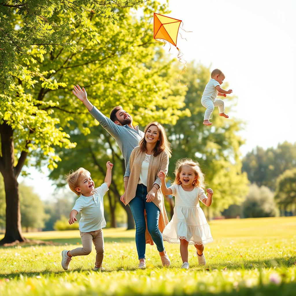 A warm, heartwarming scene of a family consisting of father, mother, and two children, enjoying a playful moment together in a spacious, sunlit park