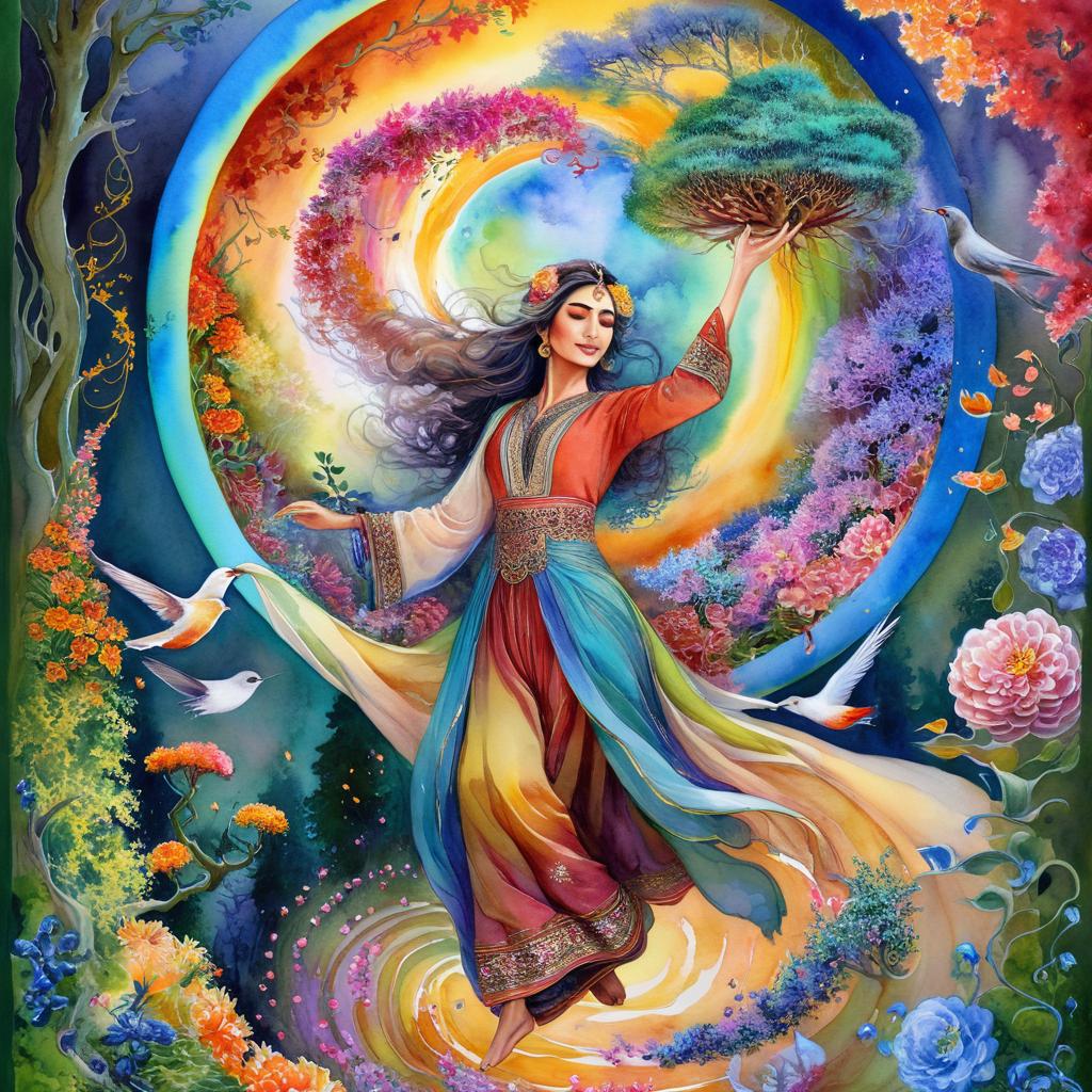 A mystical and spiritual full-body watercolor painting of a nice Iranian woman suspended in the air in a swirl of many colorful flowers, a maze of asymmetrical bonsai trees, a whirlwind of beautiful little birds, and a forest with a spectrum of green colors