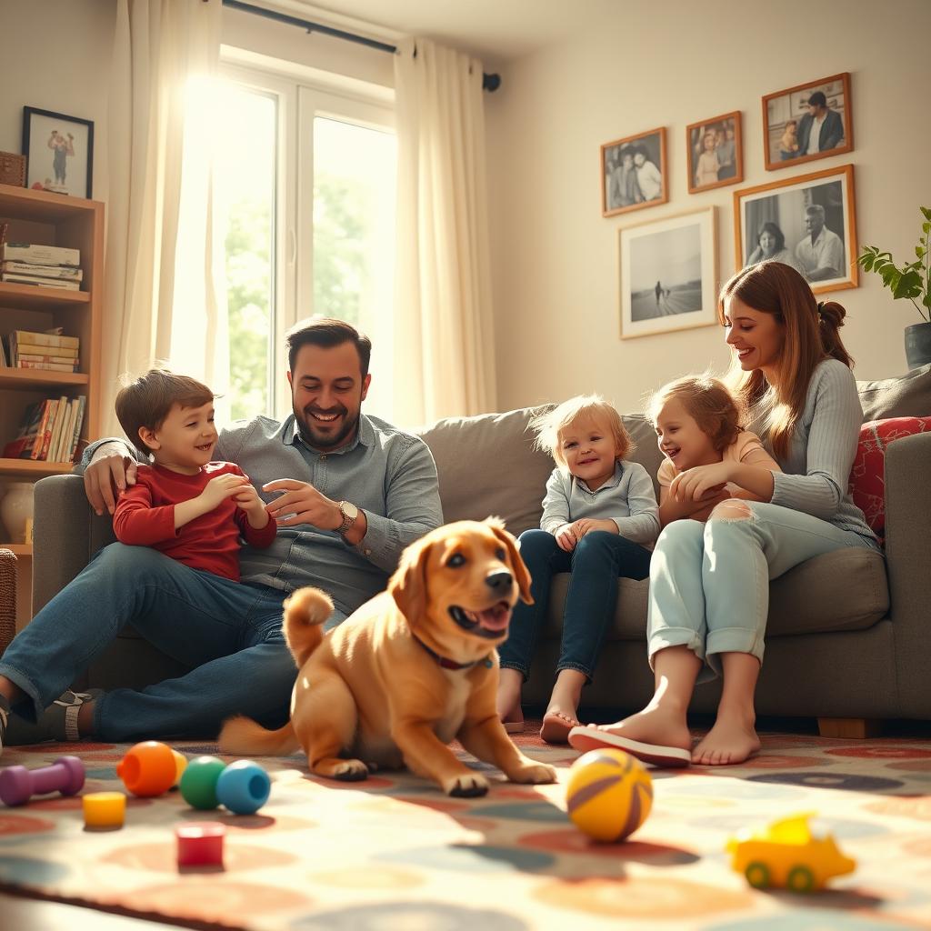 A cheerful family scene featuring a loving family of four in a cozy living room
