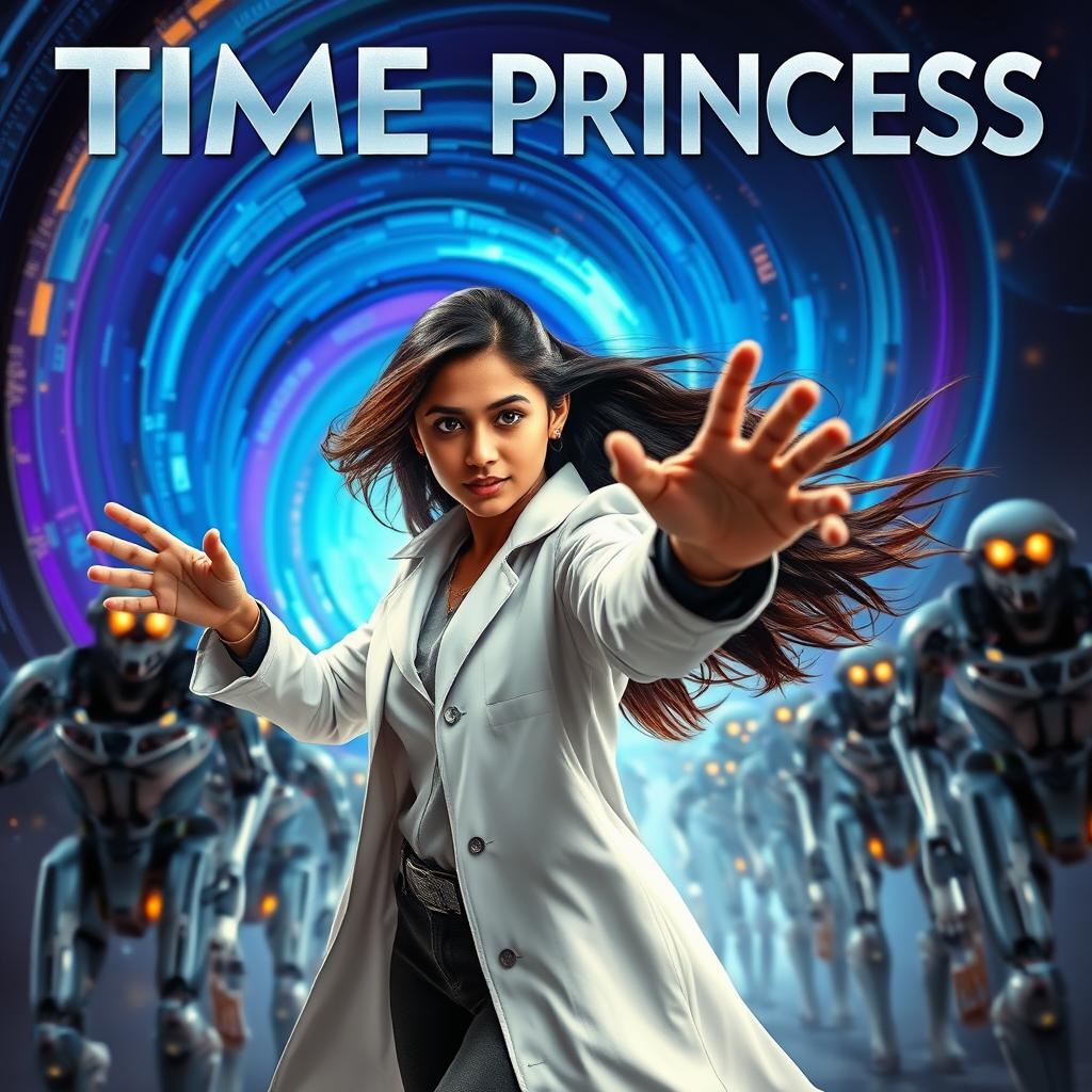 A stunning Indian teenage girl with long, flowing hair, exhibiting her powerful ability to control time