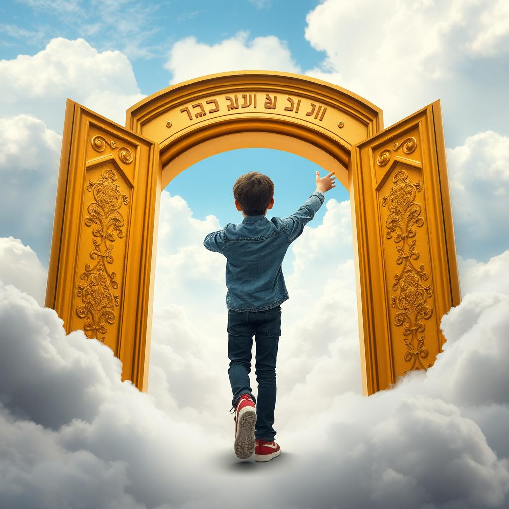 A 15-year-old boy walking among the clouds, approaching a large golden door with the inscription 'مدرسه شهید سلطانی ۳ - ریاضی' above it