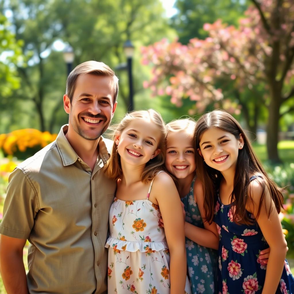 A joyful family portrait featuring a man, his wife, and their two children, capturing a cheerful moment as they pose together for a picture