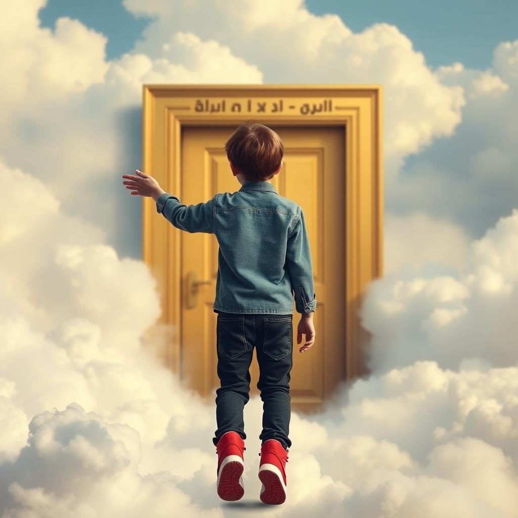 A 15-year-old boy walking among fluffy clouds, approaching a large golden door with the inscription 'مدرسه شهید سلطانی ۳ - ریاضی' above it