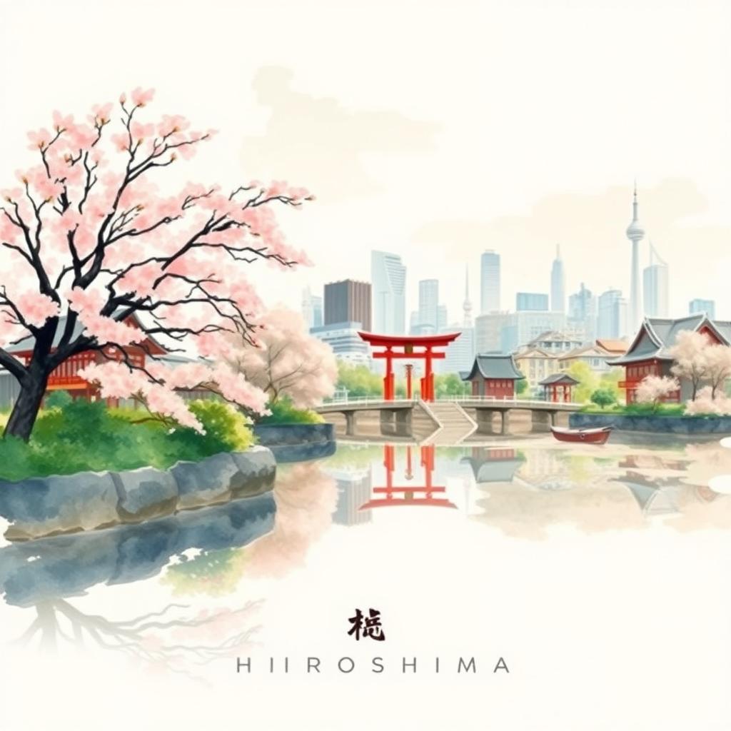 A stunning Japanese watercolor painting depicting the cityscape of Hiroshima, capturing the essence of traditional Japanese art with soft, flowing lines and gentle colors