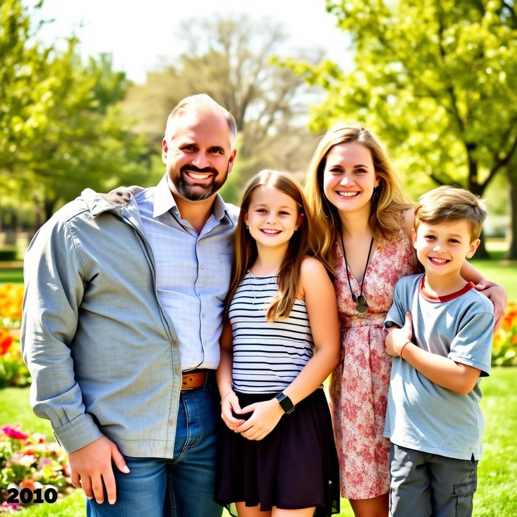 A happy family portrait featuring a dad, a mom, a teenage daughter, and a young boy