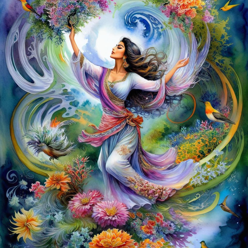 A mystical and spiritual full-body watercolor painting of a nice Iranian woman suspended in the air in a swirl of many colorful flowers, a maze of asymmetrical bonsai trees, a whirlwind of beautiful little birds, and a forest with a spectrum of green colors