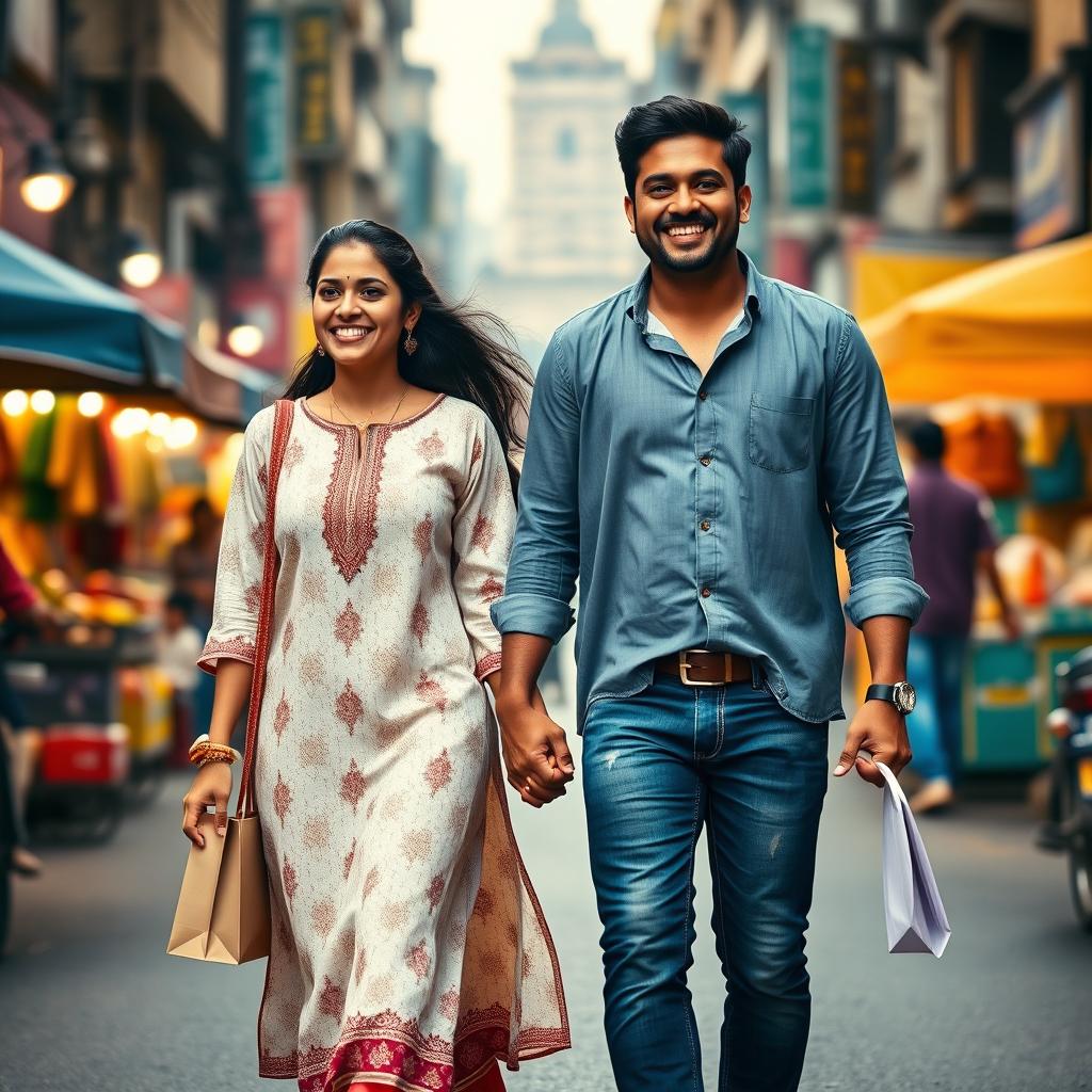 A portrait-oriented cinematic film poster showcasing a cheerful Maharashtrian couple of the same height, strolling happily on a vibrant street in Mumbai after a shopping trip