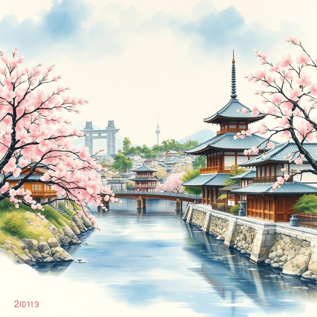 A beautiful classic Japanese watercolour painting of Hiroshima, showcasing the serene landscape with cherry blossom trees in full bloom, traditional Japanese architecture, and a calm river gently flowing through the city