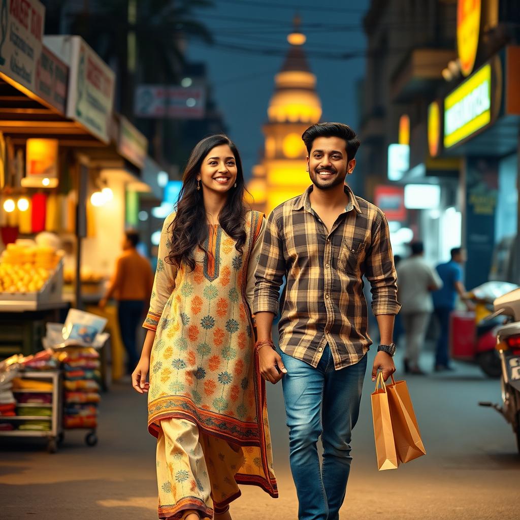 A portrait-oriented cinematic film poster featuring a joyful Maharashtrian couple, both of the same height, happily walking together on a vibrant street in Mumbai after shopping
