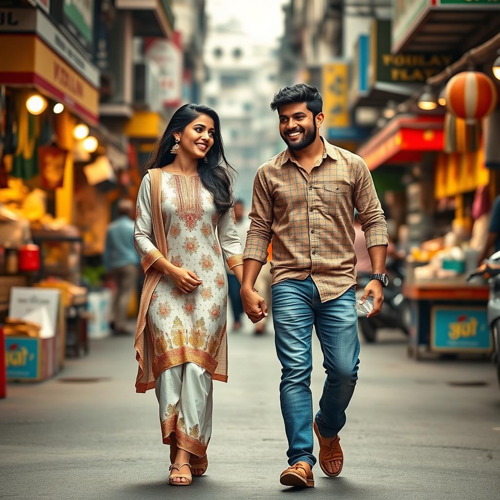A vibrant portrait-oriented cinematic film poster depicting a happy Maharashtrian couple walking hand in hand on a lively street in Mumbai, after a delightful shopping experience