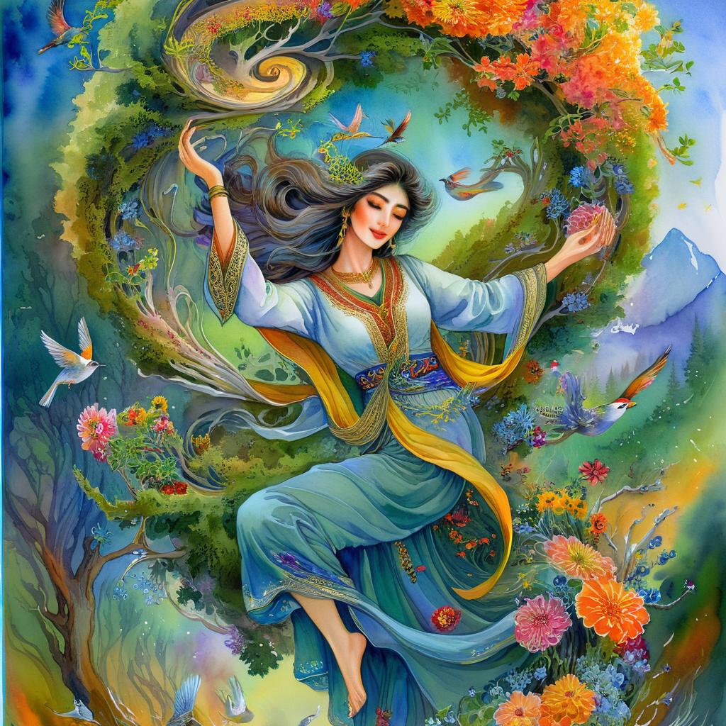 "A mystical and spiritual full-body watercolor painting of a nice Iranian woman suspended in the air in a swirl of many colorful flowers, a maze of asymmetrical bonsai trees, a whirlwind of beautiful little birds, and a forest with a spectrum of green colors"