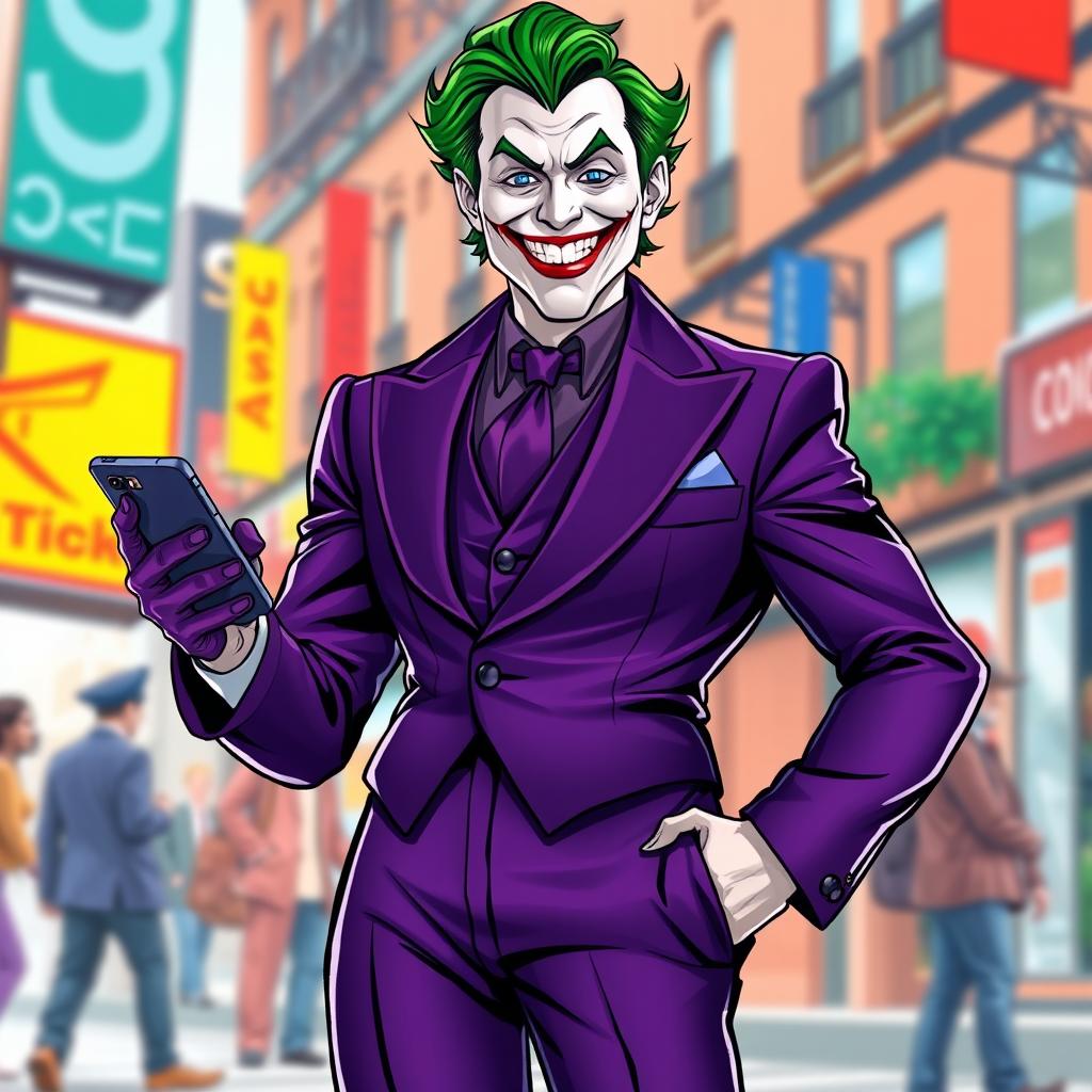 An impressive full-body illustration of a Joker character dressed in a luxurious and vibrant purple suit, exuding charisma and charm