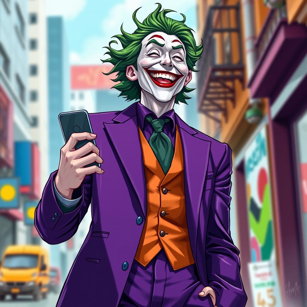 A stunning full-body illustration of a Joker character dressed in an eye-catching purple suit, displaying a wide, joyful smile that captures his playful essence