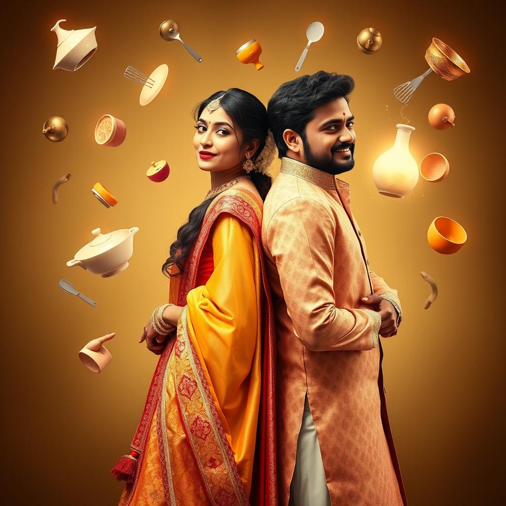 A portrait-oriented cinematic romantic comedy film poster featuring a traditional Indian bride and her husband standing back-to-back, both exuding magical powers