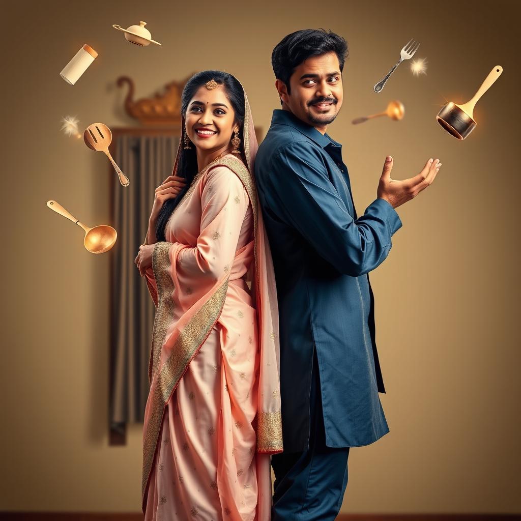 A portrait-oriented cinematic romantic comedy film poster featuring a traditional Indian bride and her husband standing back-to-back, both radiating magical powers