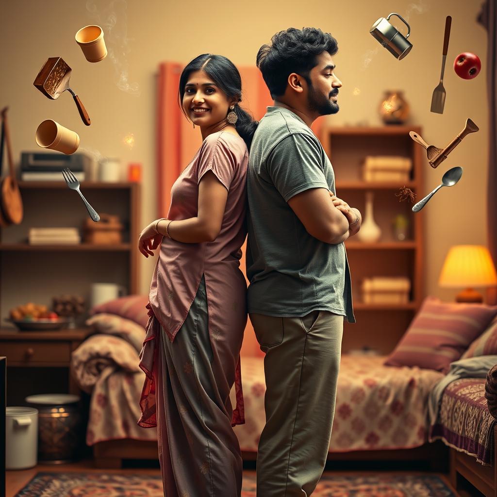 A portrait-oriented cinematic romantic comedy film poster featuring a traditional Indian bride and her husband standing back-to-back in their cozy home, both showcasing their magical powers