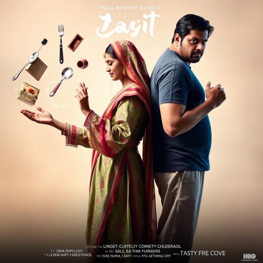 A cinematic romantic comedy movie poster featuring a young Indian bride and her significantly taller groom standing back to back